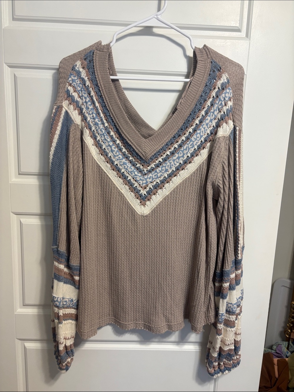 Free People Taupe V-Neck Sweater with Blue and Cream Accents
